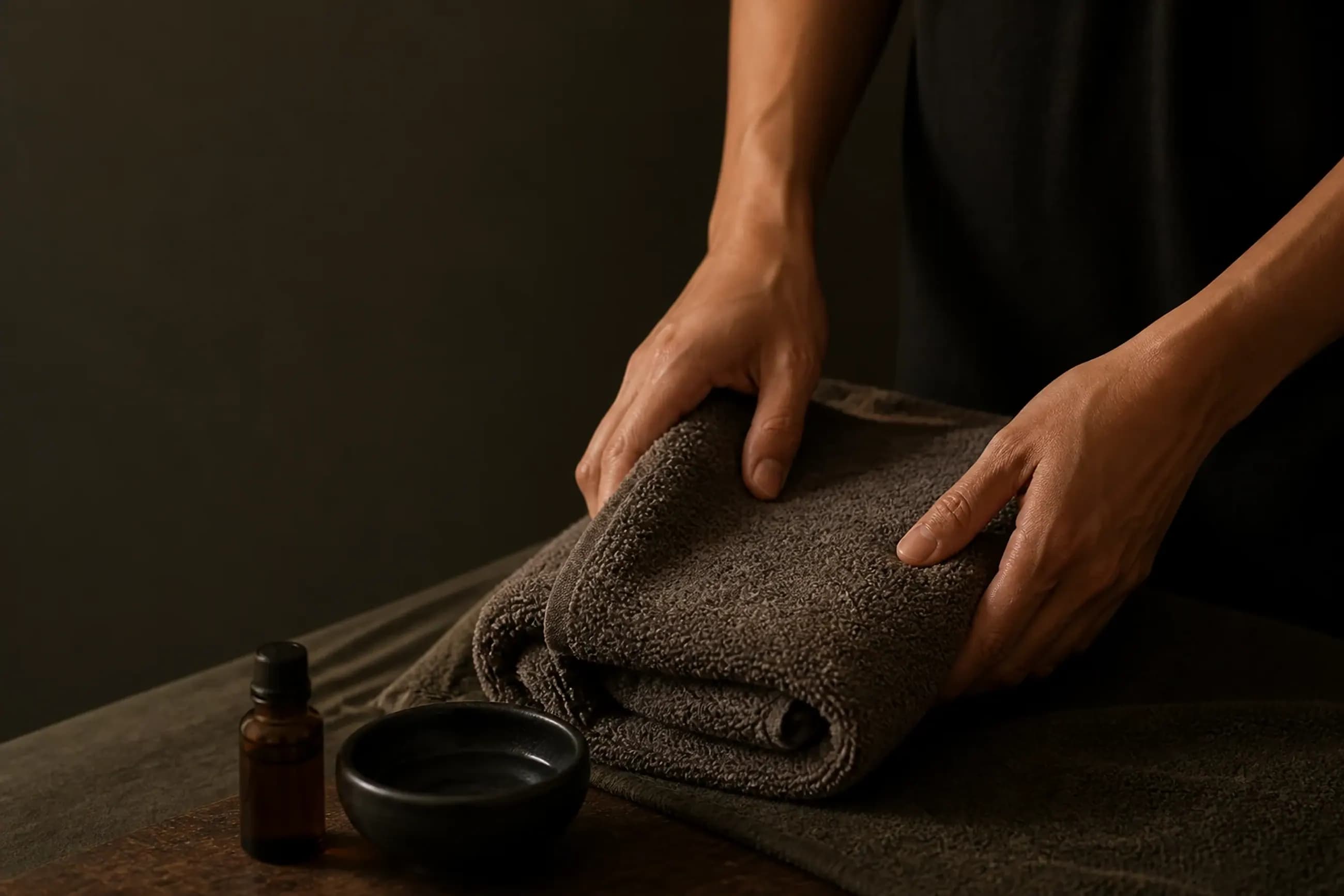 Concept image of anonymous hands preparing charcoal towels beside unbranded oil and a ceramic bowl