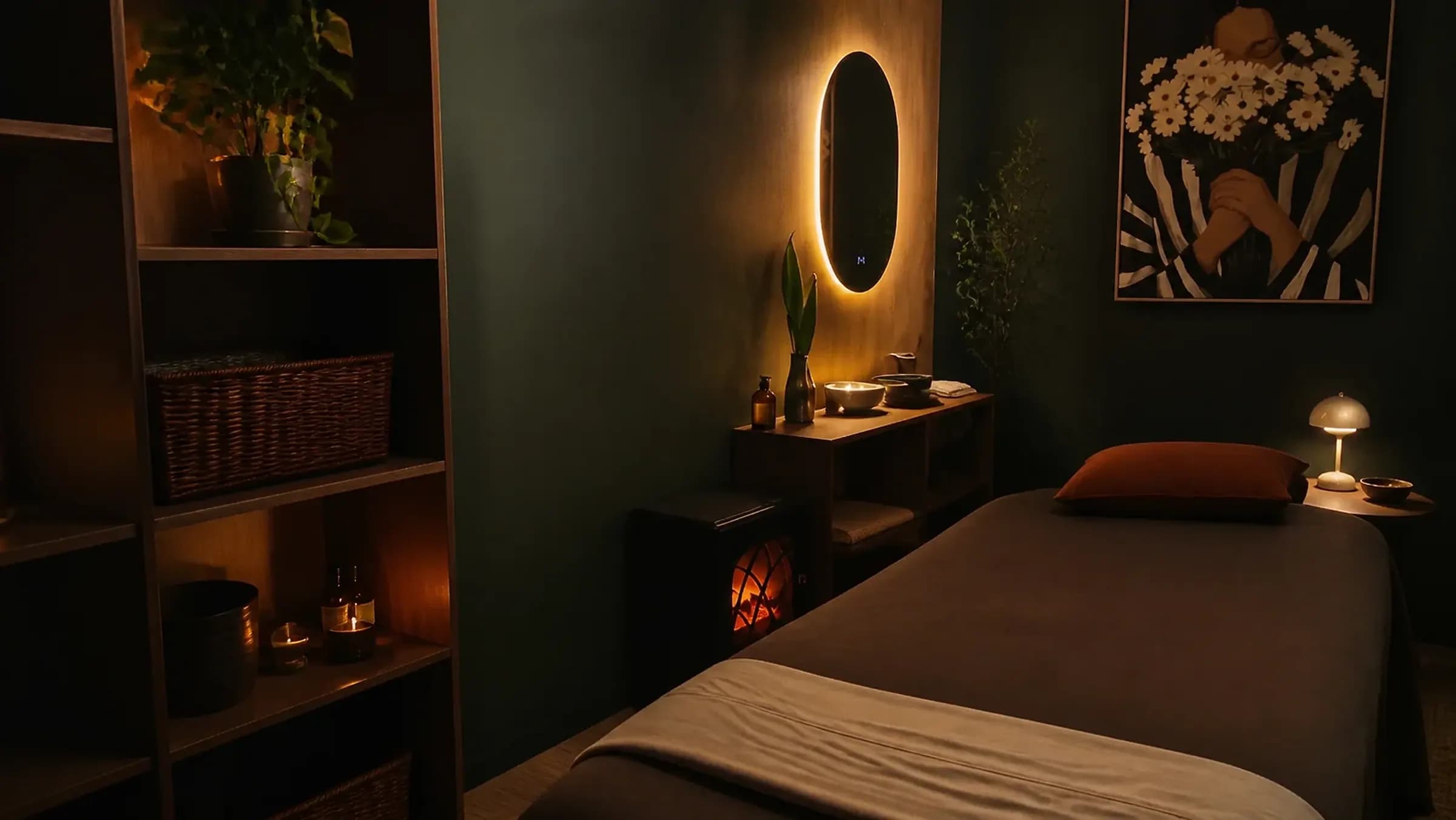 Concept image of a dark olive treatment room with a warm lit mirror and prepared massage table