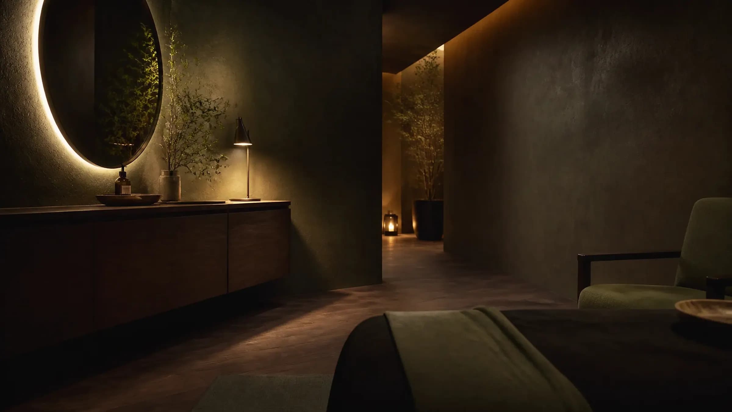 Concept image of a softly lit mirror and long olive corridor in a private wellness studio