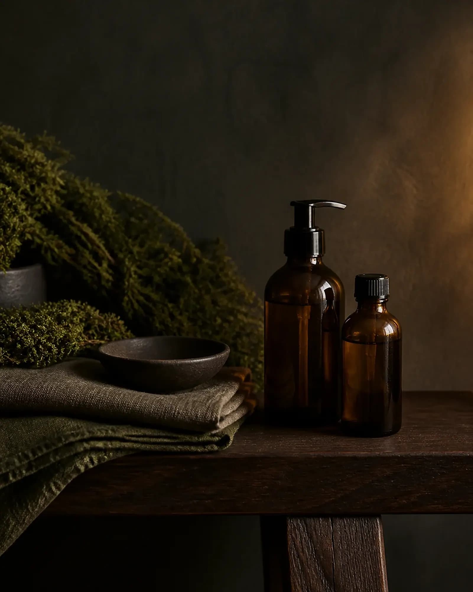 Concept image of unbranded amber massage oils, ceramic bowl and moss linen on dark timber